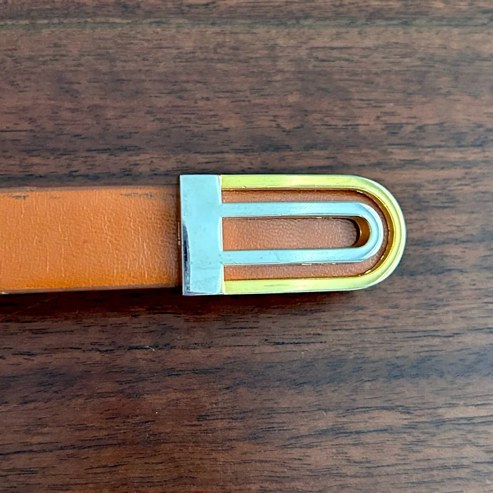L’Aiglon Vintage Tan Leather Belt with Gold & Silver Buckle Size 30